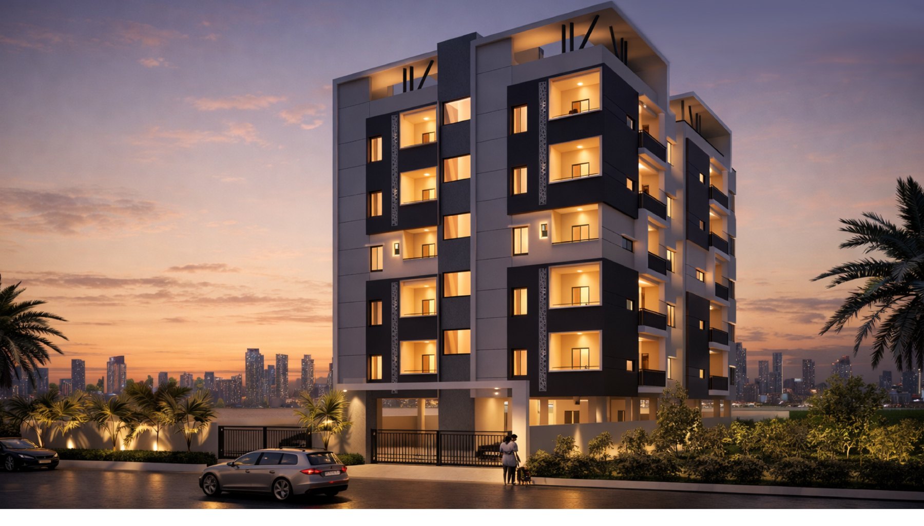 SR Builders apartment elevation at dusk